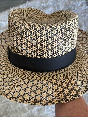 Woven Straw Wide-Brim Hat with Black Band